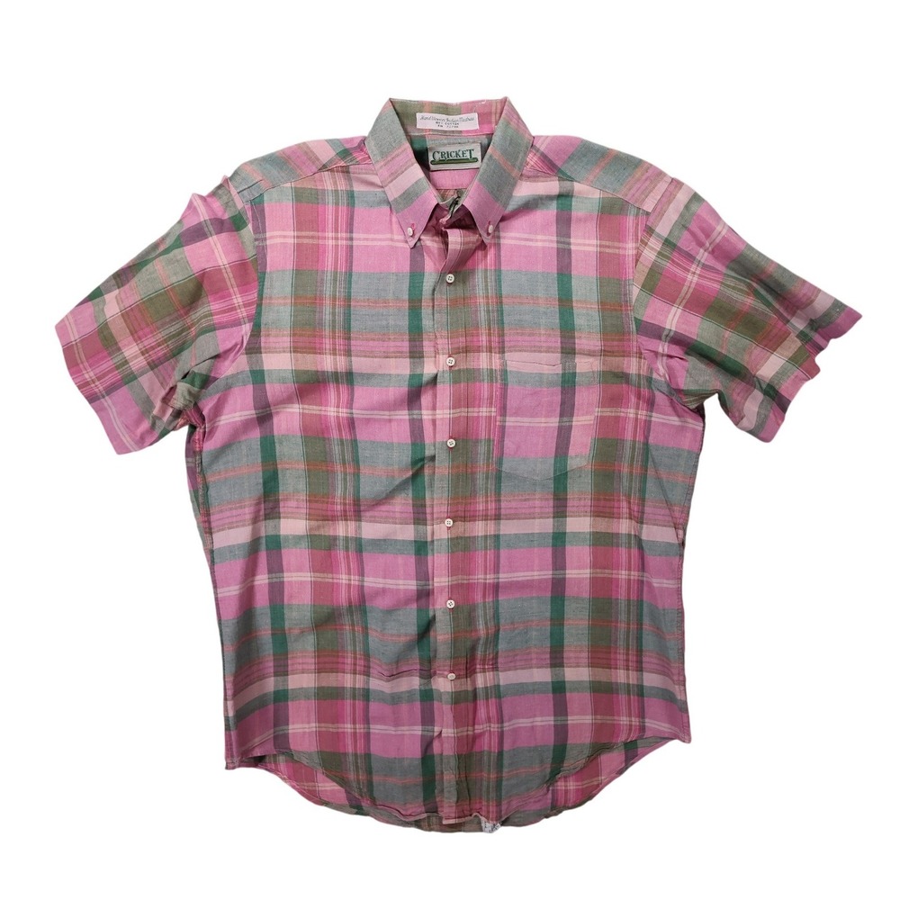Cricket Short Sleeve Button Up Mens Large Pink Excellent Vintage Madras Plaid